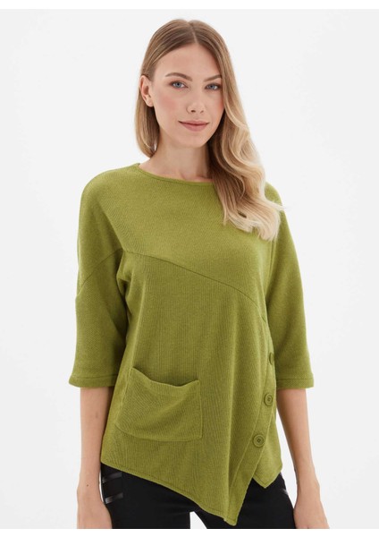 Yuvarlak Yaka Düz Yeşil Kadın Bluz 24KSL8959 modelleri