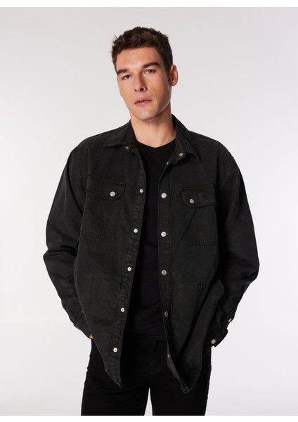 Normal Siyah Düz Erkek Gömlek 245d1403_Klj Mıx Materıal Jacket