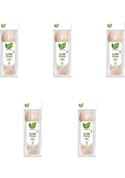 Doğaya Dönüş Ekolojik Doğal %100 Ahşap Kaşık - Kalınlık : 1.8 mm - 16 Cm. - 8'li 5 Paket