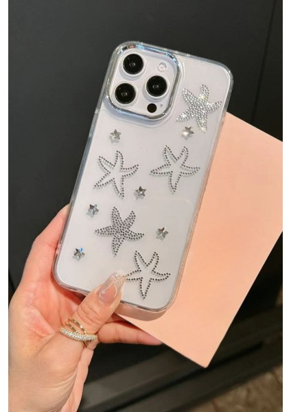 iPhone 14 Pro Max Uyumlu Taşlı Deniz Yıldızı Desenli Şeffaf Kılıf