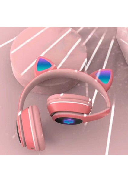 Technoguru Kedi Kulağı Tasarımlı Rgb Işıklı Katlanabilir L400 Bluetooth Kulaklık Mavi