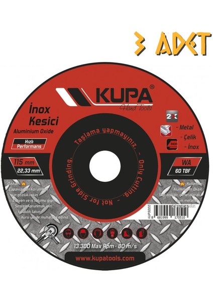 Kupa Inox Metal Çelik Kesme Taşı 115 Mm. - 3 Adet