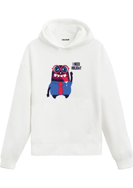 Unisex Pamuk 'ı Need Holiday' Karikatür Kapşonlu Sweatshirt Hoodie Mizahi Tatil Isyanı Deseni