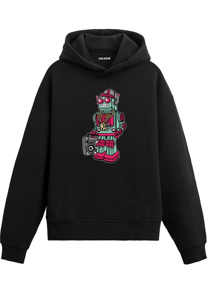 Unisex Pamuk Retro Dj Robot Karikatür Kapşonlu Sweatshirt Hoodie Eğlenceli Müzik Deseni