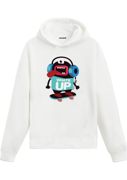 Unisex Pamuk Karikatür Skateboard Tasarımlı Kapşonlu Sweatshirt Hoodie What's Up Yazılı Eğlenceli Desen