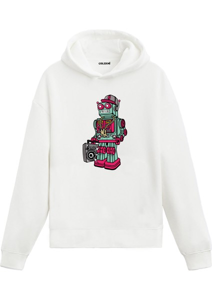 Unisex Pamuk Retro Dj Robot Karikatür Kapşonlu Sweatshirt Hoodie Eğlenceli Müzik Deseni