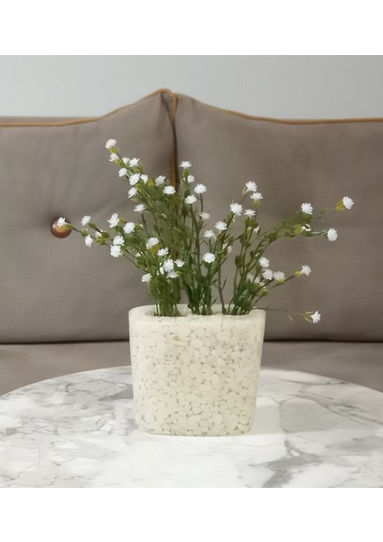 Vazo Dahil,Vazoda Çiçek,Beyaz Yapay Çiçek,Vazo Dekoratif Deniz Taşı El Yapımı 10x5x14cm