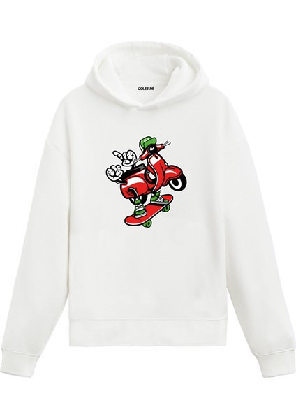 Unisex Pamuk Vespa Karikatür Kapşonlu Sweatshirt Hoodie Eğlenceli Scooter ve Kaykay Deseni