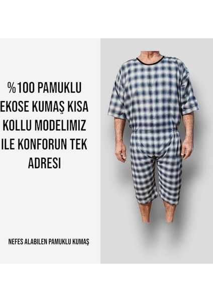 Kısa Kol Tulumu - Hasta Bakım Kıyafet - Terletmez Pamuk Ekose Kumaş - S Beden modelleri