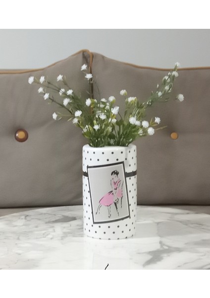 Vazo Dahil,Vazoda Çiçek,Beyaz Yapay Çiçek,Vazo Dekoratif Pembe Elbiseli Kadın 7x7x16cm