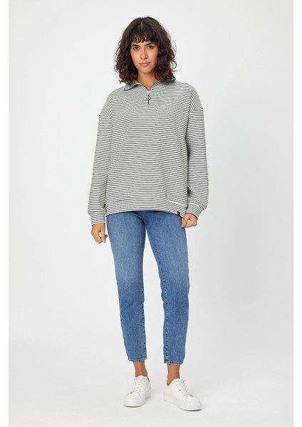 Çizgili Dik Yaka Fermuarlı Oversıze Sweatshırt (UNI00247)