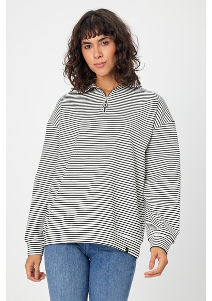 Çizgili Dik Yaka Fermuarlı Oversıze Sweatshırt (UNI00247) fiyatları