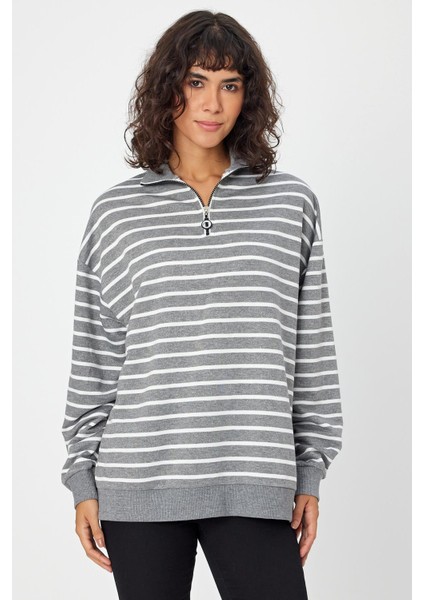 Çizgili Dik Yaka Fermuarlı Oversıze Sweatshırt (UNI00247)