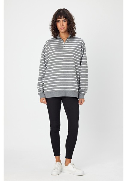 Çizgili Dik Yaka Fermuarlı Oversıze Sweatshırt (UNI00247) fiyatları