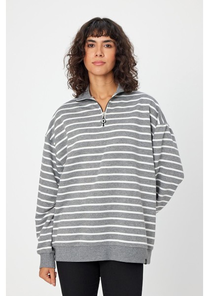 Çizgili Dik Yaka Fermuarlı Oversıze Sweatshırt (UNI00247) modelleri