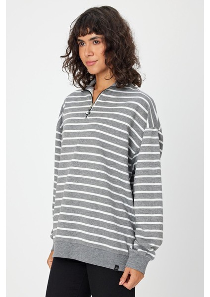 Çizgili Dik Yaka Fermuarlı Oversıze Sweatshırt (UNI00247) fırsatları