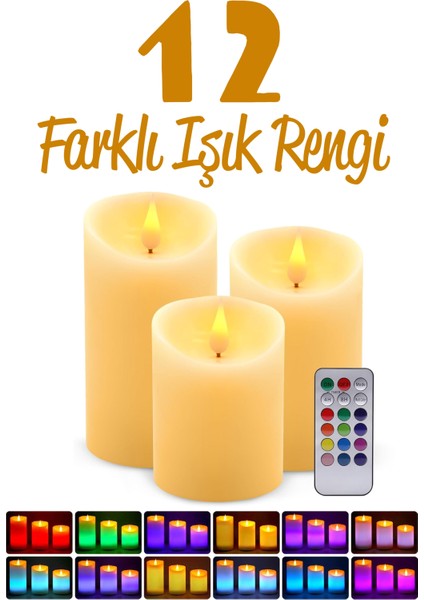 3lü set 12 renk 3 mod kumandalı led mum küçük orta büyük pilli dumansız alev dekoratif yapay mum