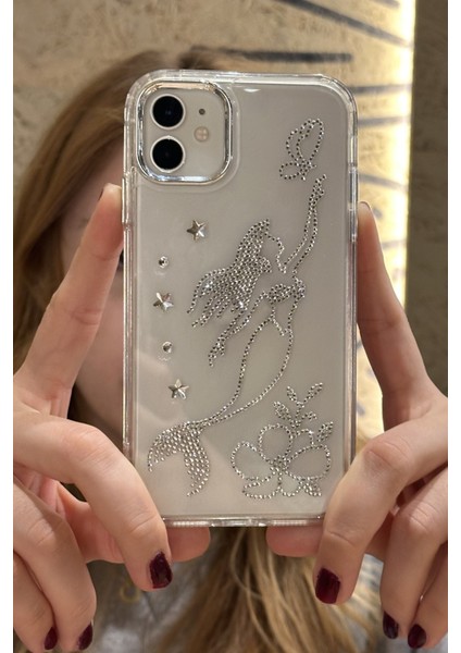 Paladyum Case iPhone 12 Uyumlu Taşlı Deniz Kızı Desenli Şeffaf Kılıf