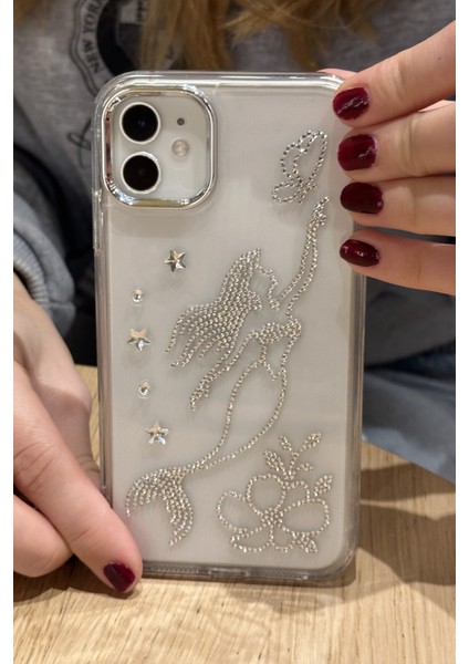 Paladyum Case iPhone 12 Uyumlu Taşlı Deniz Kızı Desenli Şeffaf Kılıf