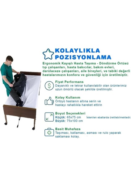 Hasta Çevirme Destek Aparatı - Ergonomik Kayışlı Hasta Taşıma - Döndürme Örtüsü - Büyük Boy - 75 x 100 cm
