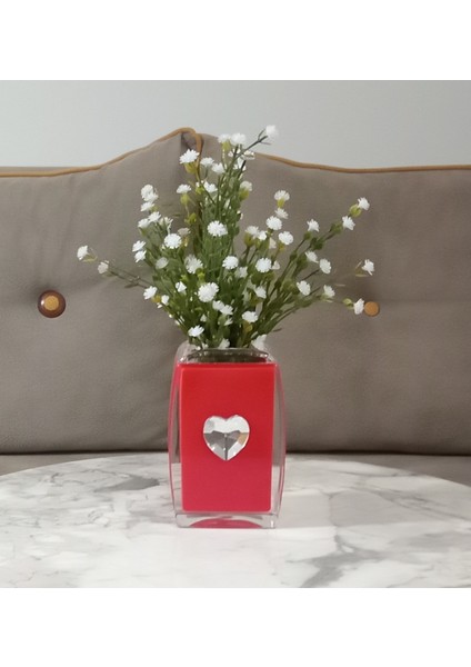 Vazo Dahil,Vazoda Çiçek,Beyaz Yapay Çiçek,Vazo Dekoratif Kristal Taşlı Kırmızı Kalpli 6x6x16cm