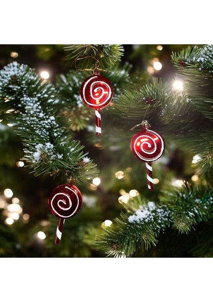 Vıp Deluxe 3 Adet Şeker Çubuk Yılbaşı Ağaçı Süsü 10 cm Parlak Simli Kırmızı Noel Yılbaşı Süsleri