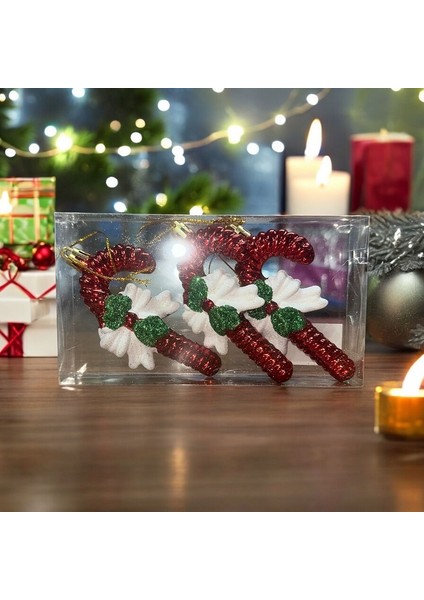 Vıp Deluxe 3 Adet Fiyonklu Baston Çubuk Yılbaşı Ağaç Süsü 10 cm Parlak Simli Kırmızı Noel Süsleri