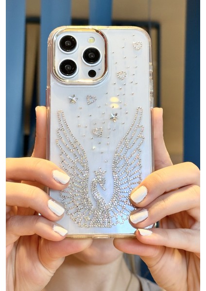 iPhone 15 Pro Uyumlu Taşlı Kuğu Desenli Şeffaf Kılıf
