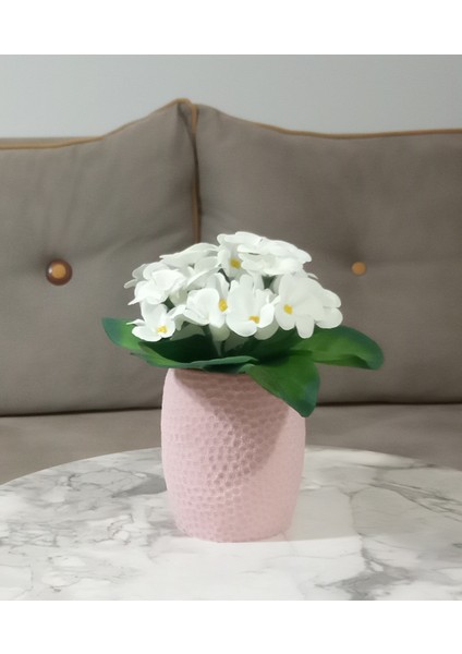 Vazo Dahil,Vazoda Çiçek,Beyaz Yapay Çiçek,Vazo Pembe Petek Desenli Poliresin 8x8x15cm