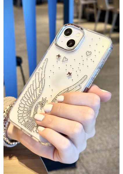 iPhone 14 Plus Uyumlu Taşlı Kuğu Desenli Şeffaf Kılıf