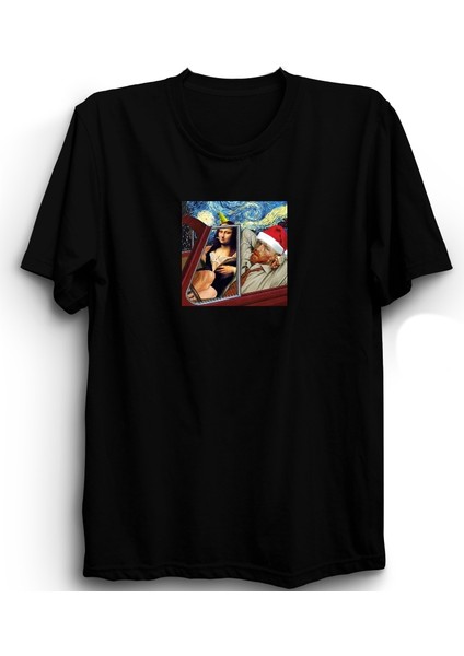 Van Gogh And Mona Lisa's Christmas Party, Noel, Yeniyıl, Yılbaşı, Siyah Unisex Pamuk Tişört