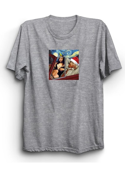 Van Gogh And Mona Lisa's Christmas Party, Noel, Yeniyıl, Yılbaşı, Gri Unisex Pamuk Tişört