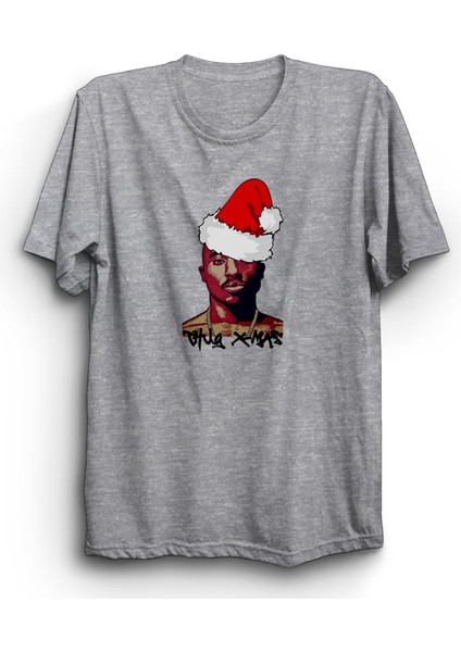 Thug X-Mas, Eşkıya Noeli, Santa Tupac, 2pac, Noel, Yeniyıl, Yılbaşı, Gri Pamuk Tişört