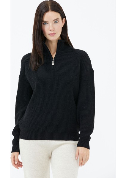 Yarım Balıkçı Yaka Fermuarlı Yün Triko Kazak - Siyah fiyatları