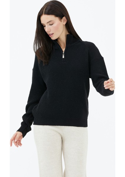 Yarım Balıkçı Yaka Fermuarlı Yün Triko Kazak - Siyah modelleri
