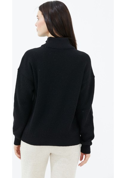 Yarım Balıkçı Yaka Fermuarlı Yün Triko Kazak - Siyah fırsatları