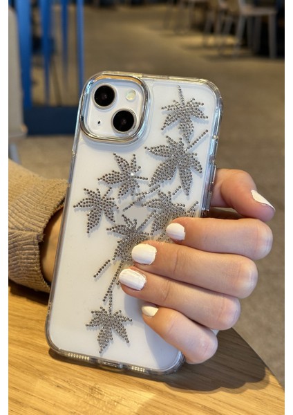iPhone 13 Uyumlu Taşlı Yaprak Desenli Şeffaf Kılıf