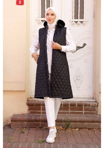 Kadın Kapüşonlu Uzun Kapitone Yelek -PMK341