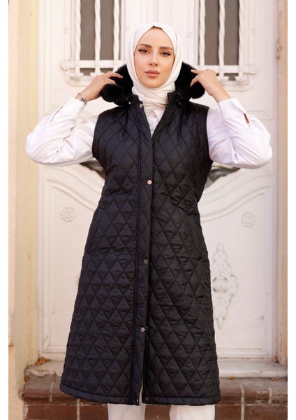 Kadın Kapüşonlu Uzun Kapitone Yelek -PMK341 fiyatları