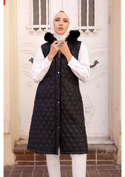 Kadın Kapüşonlu Uzun Kapitone Yelek -PMK341 modelleri