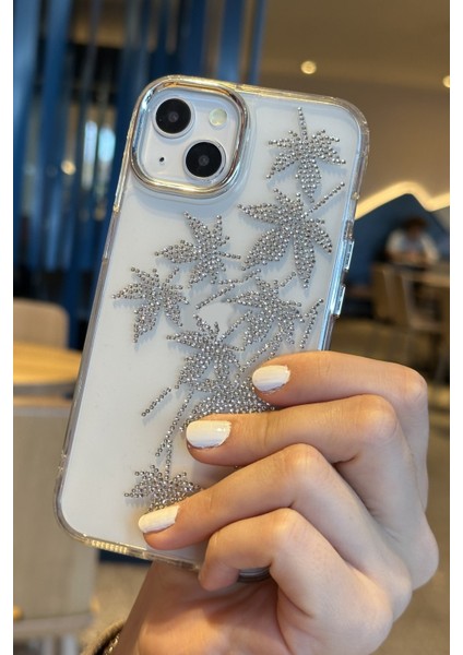 iPhone 15 Uyumlu Taşlı Yaprak Desenli Şeffaf Kılıf