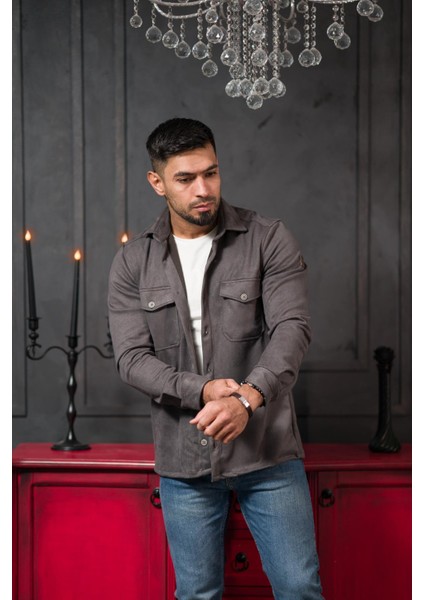 Regular Fit Likralı Çift Cepli Pamuklu Astarsız Süet Gömlek