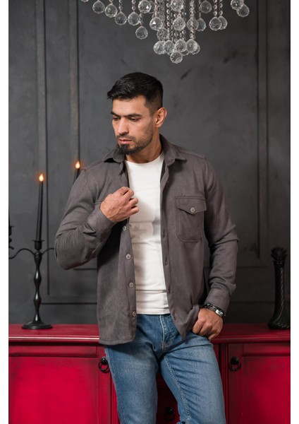 Regular Fit Likralı Çift Cepli Pamuklu Astarsız Süet Gömlek modelleri