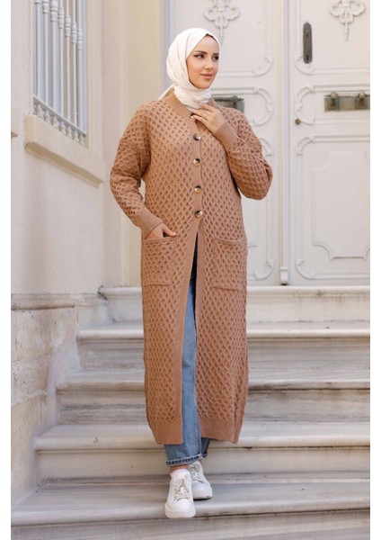 Kadın Düğme Kapamalı Cepli Triko Hırka -PMK338