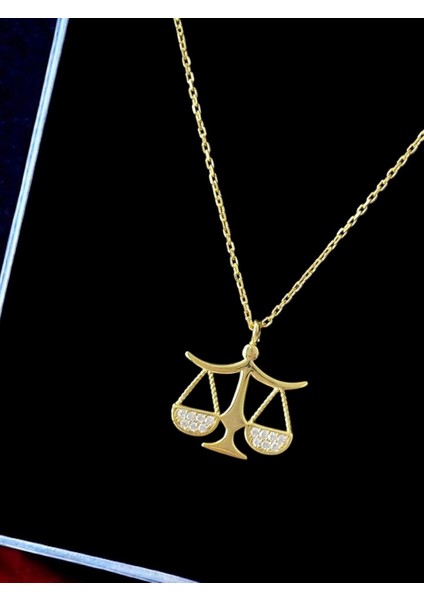 Terazi Sembolü Beyaz Taşlı Gold Tasarım 925 Ayar Gümüş Kolye. modelleri