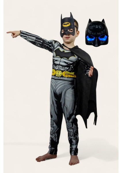 Batman Kaslı Çocuk Kostümü Işıklı Maskeli Siyah Pelerinli Maskeli Süper Kahraman Kaslı Kostümü modelleri