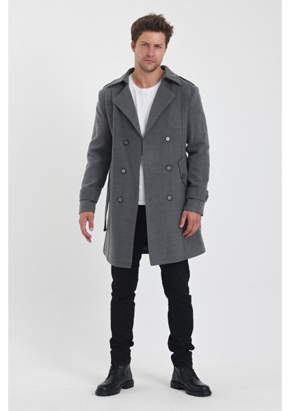Erkek Gri Renk Kruvaze Yaka Uzun Dar Kalıp Kaşe Kaban fiyatları
