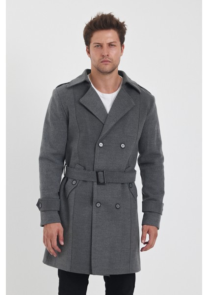 Erkek Gri Renk Kruvaze Yaka Uzun Dar Kalıp Kaşe Kaban modelleri