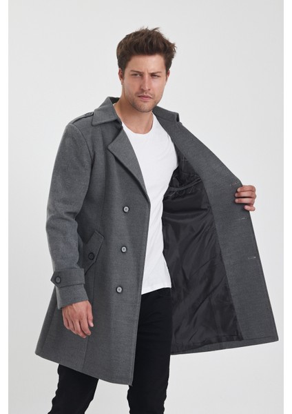 Erkek Gri Renk Kruvaze Yaka Uzun Dar Kalıp Kaşe Kaban fırsatları