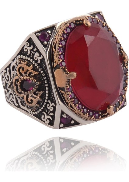Garnet Taşlı Yanı Işlemeli Erkek Gümüş Yüzük